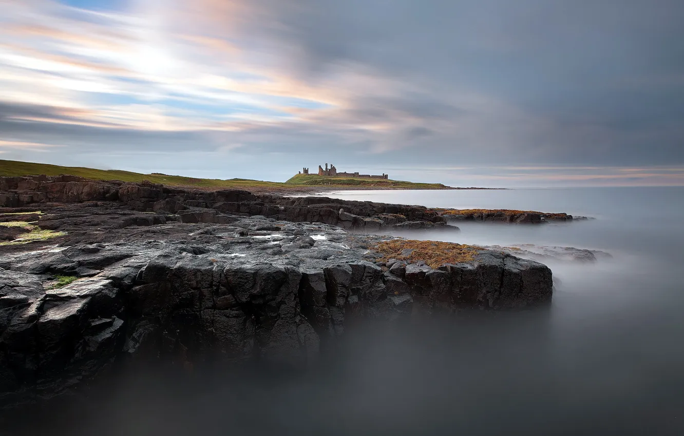 Photo wallpaper sea, landscape, fog, castle
