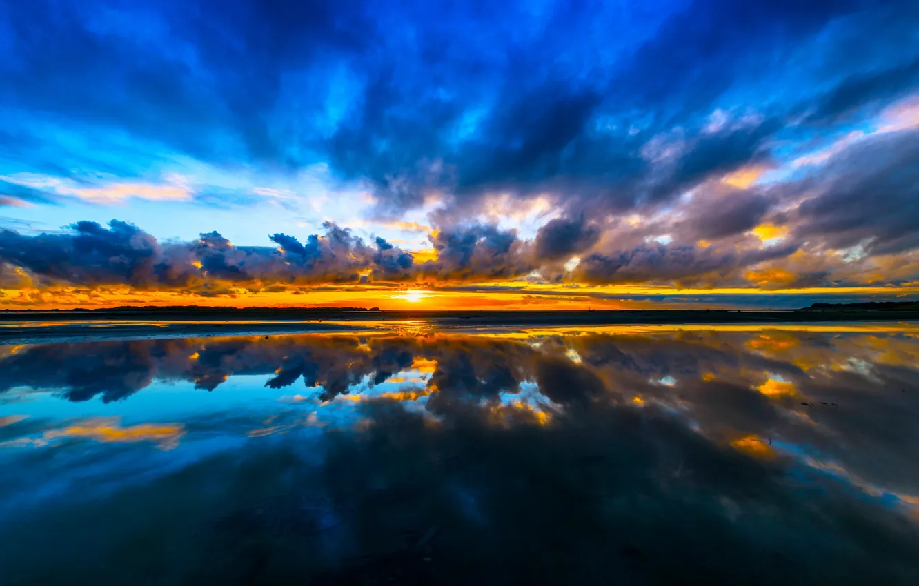 Photo wallpaper the sky, the sun, clouds, sunset, clouds, lake, reflection, glow
