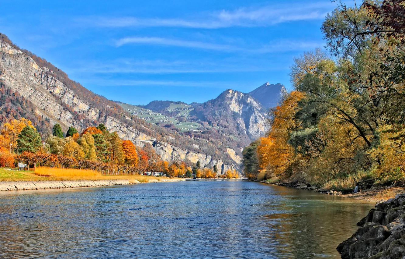 Photo wallpaper autumn, trees, mountains, lake, home, Switzerland, Alps