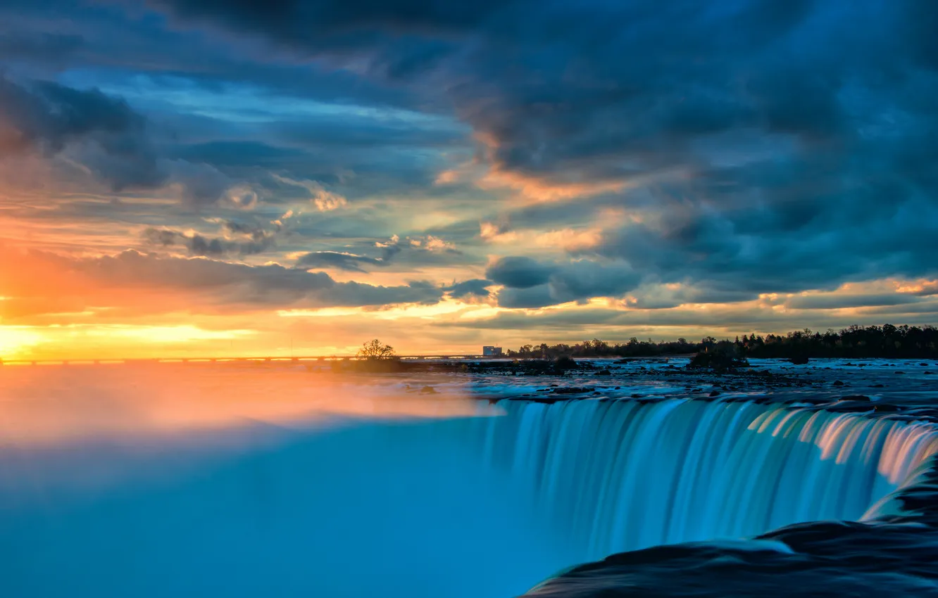 Photo wallpaper landscape, sunset, waterfall