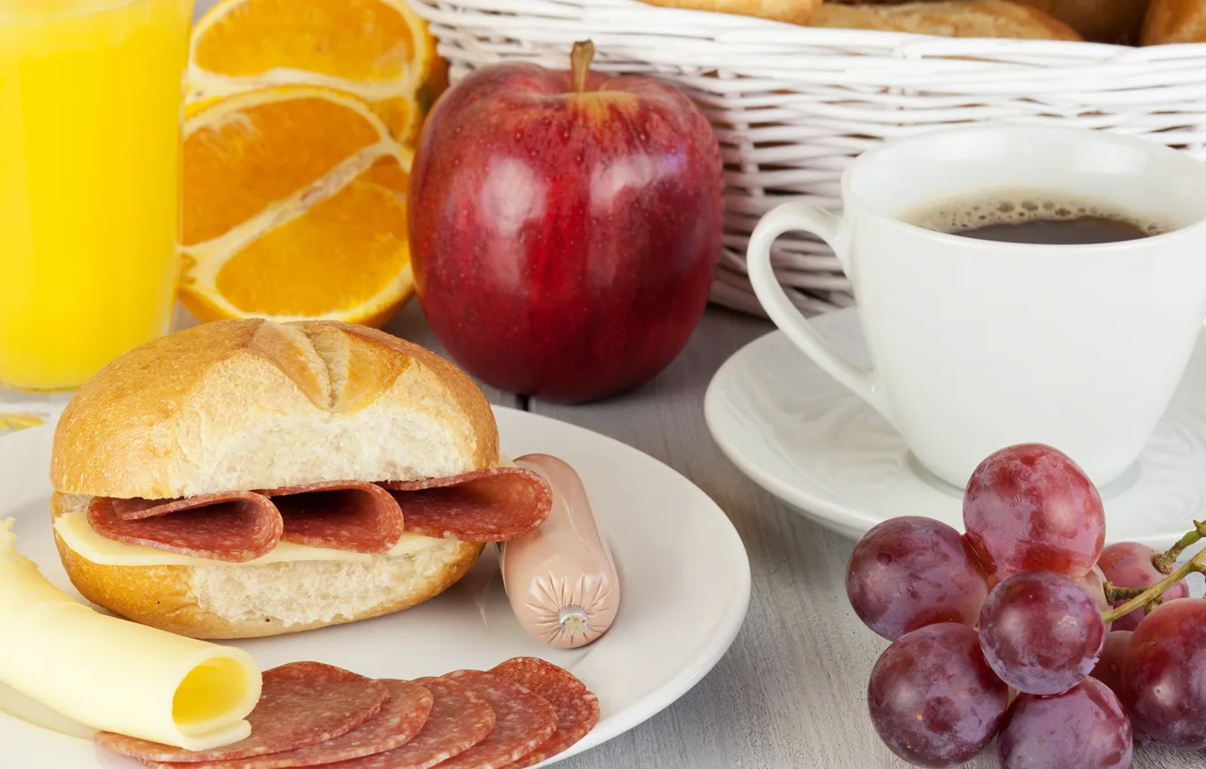 Photo wallpaper apples, coffee, orange, cheese, grapes, Cup, fruit, sausage