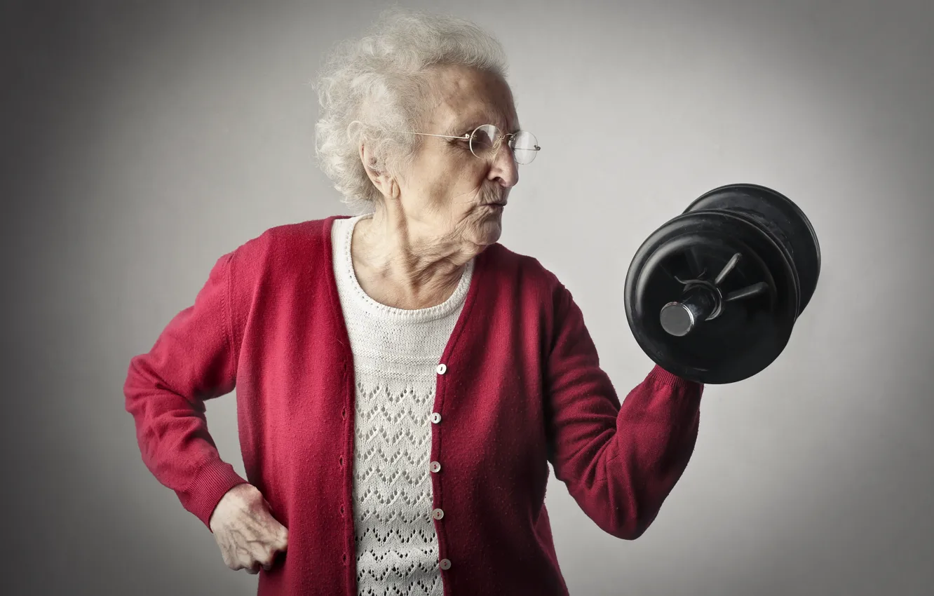 Photo wallpaper workout, fitness, dumbbells, grandmother, old woman