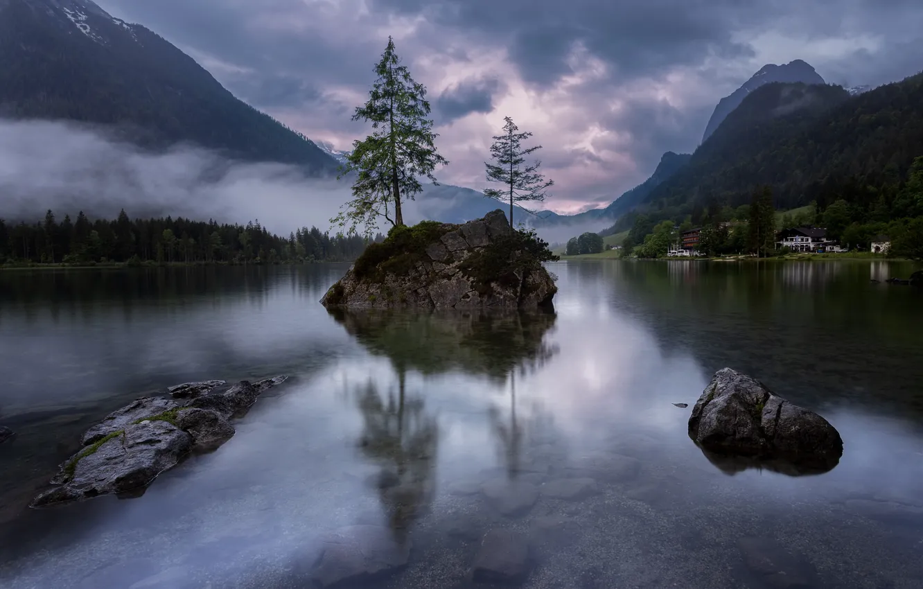 Photo wallpaper forest, trees, mountains, clouds, fog, lake, stones, shore