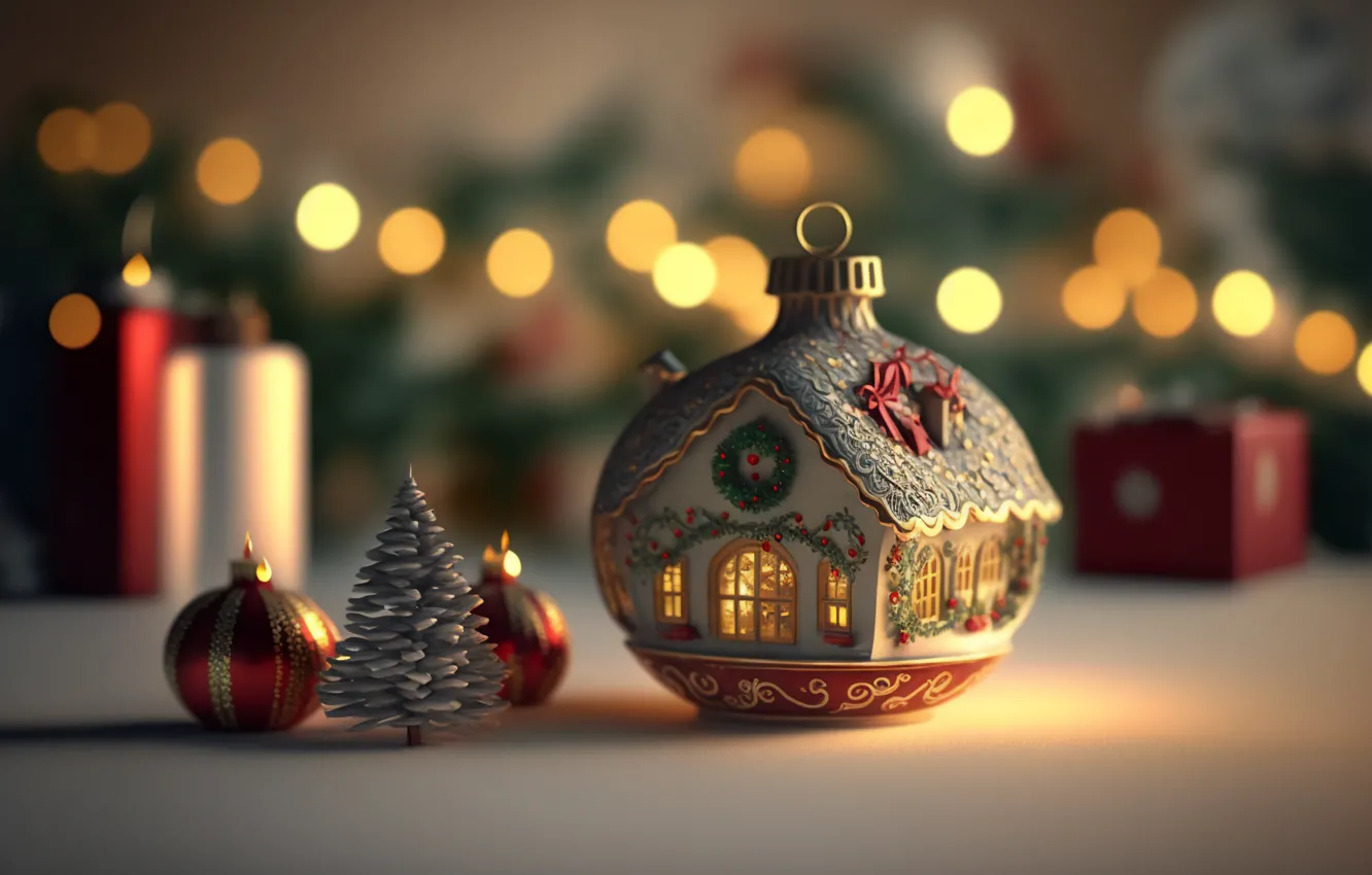 Photo wallpaper herringbone, Christmas decorations, blur bokeh