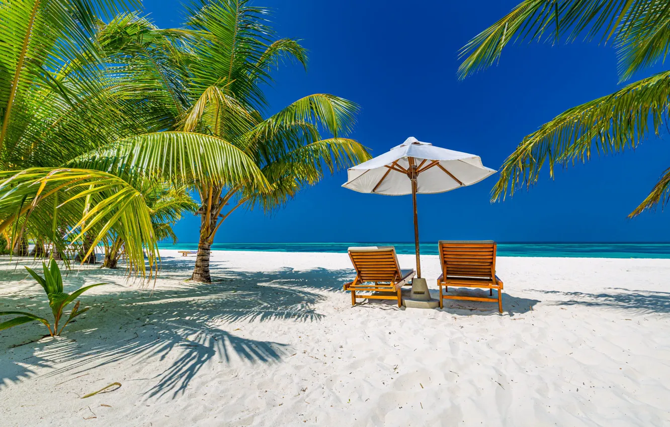 Photo wallpaper sand, sea, beach, summer, the sky, blue, palm trees, umbrella