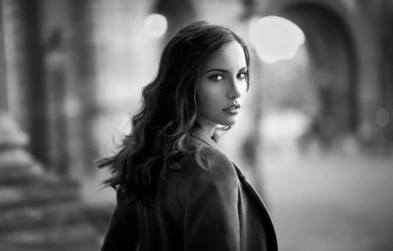 Photo wallpaper look, pose, background, model, portrait, makeup, hairstyle, black and white