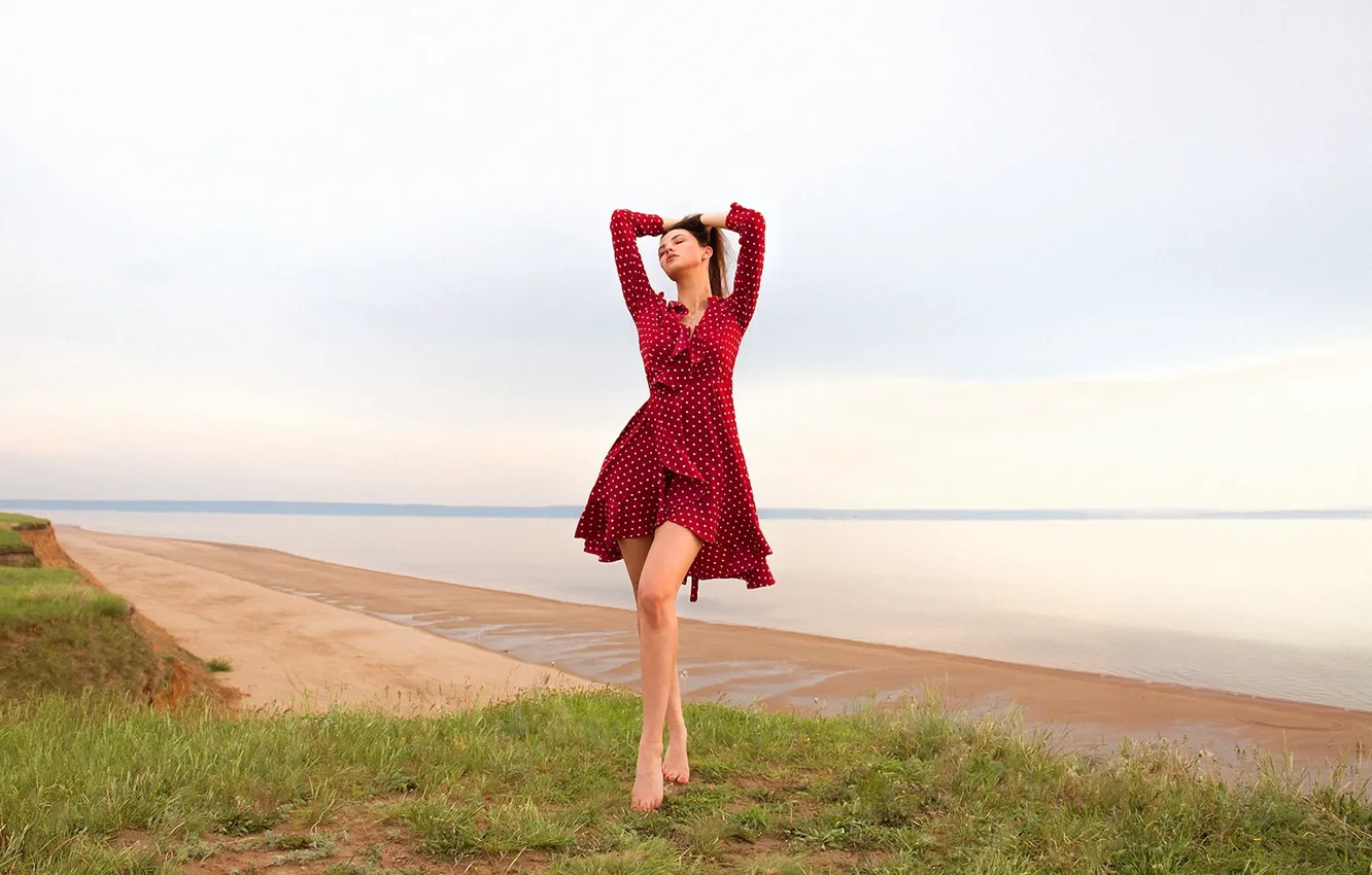Photo wallpaper sea, girl, pose, shore, figure, dress, beautiful, Lozgachev Alex