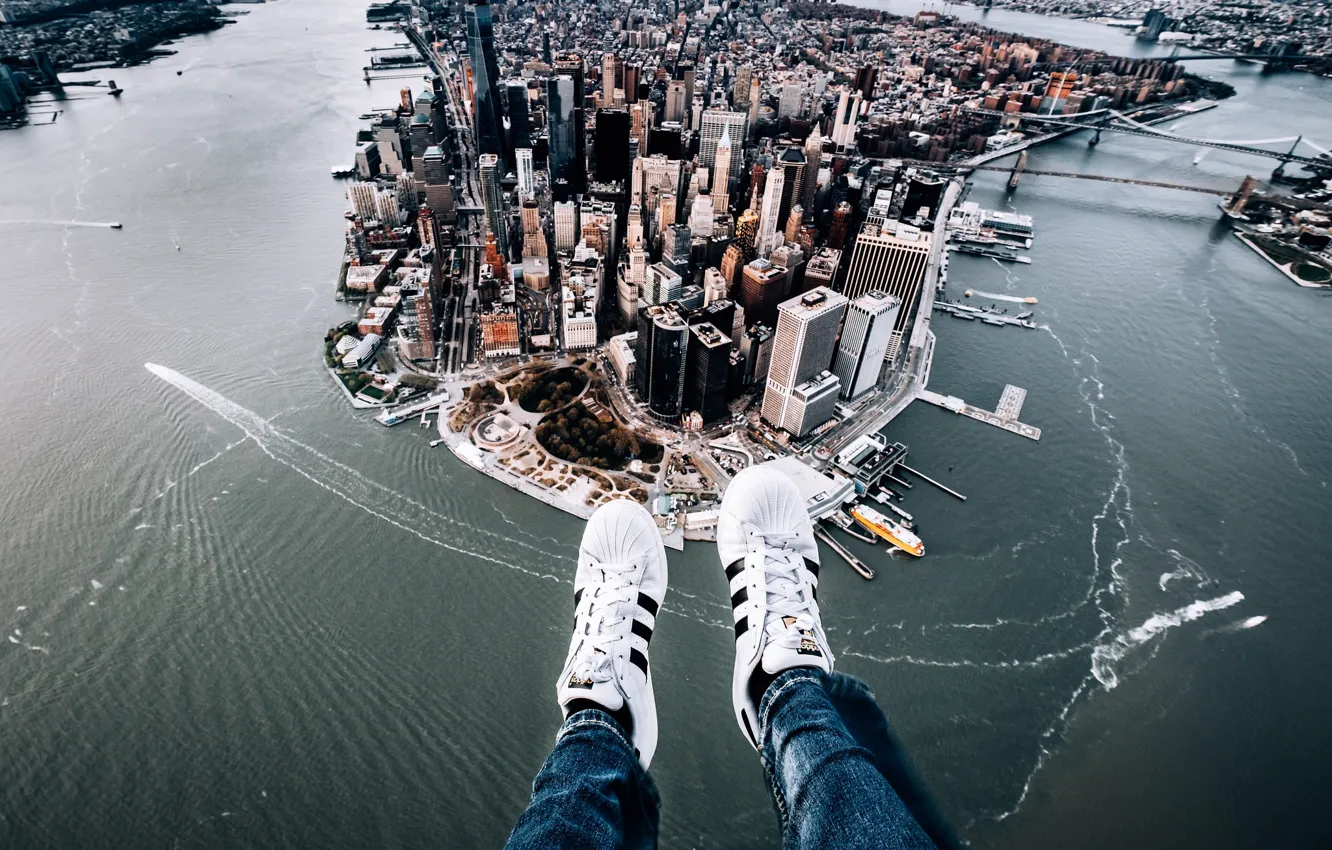 Photo wallpaper the city, feet, New York, panorama, Manhattan, sneakers, Manhattan, New York City