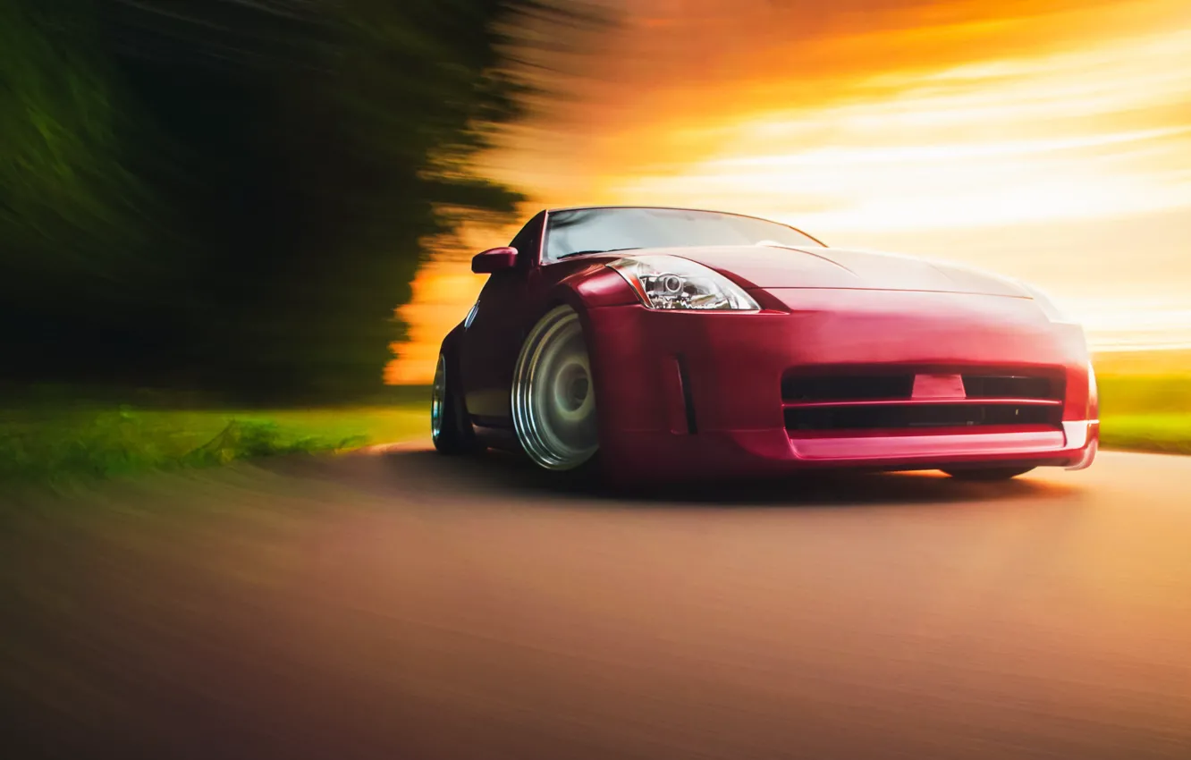 Photo wallpaper red, before, red, Nissan, Nissan, 350Z, stance, in motion