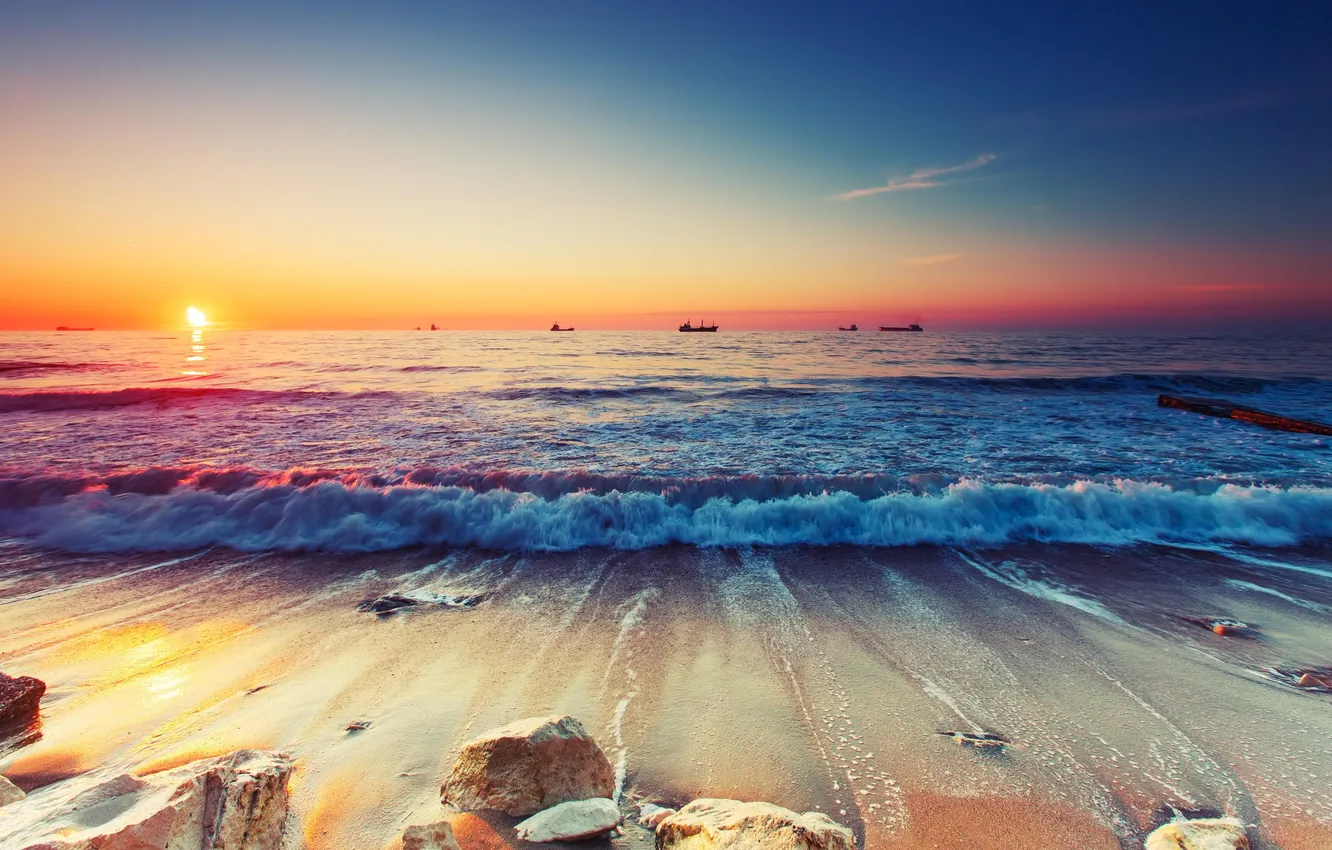 Photo wallpaper sand, wave, beach, the sky, the sun, landscape, sunset, nature