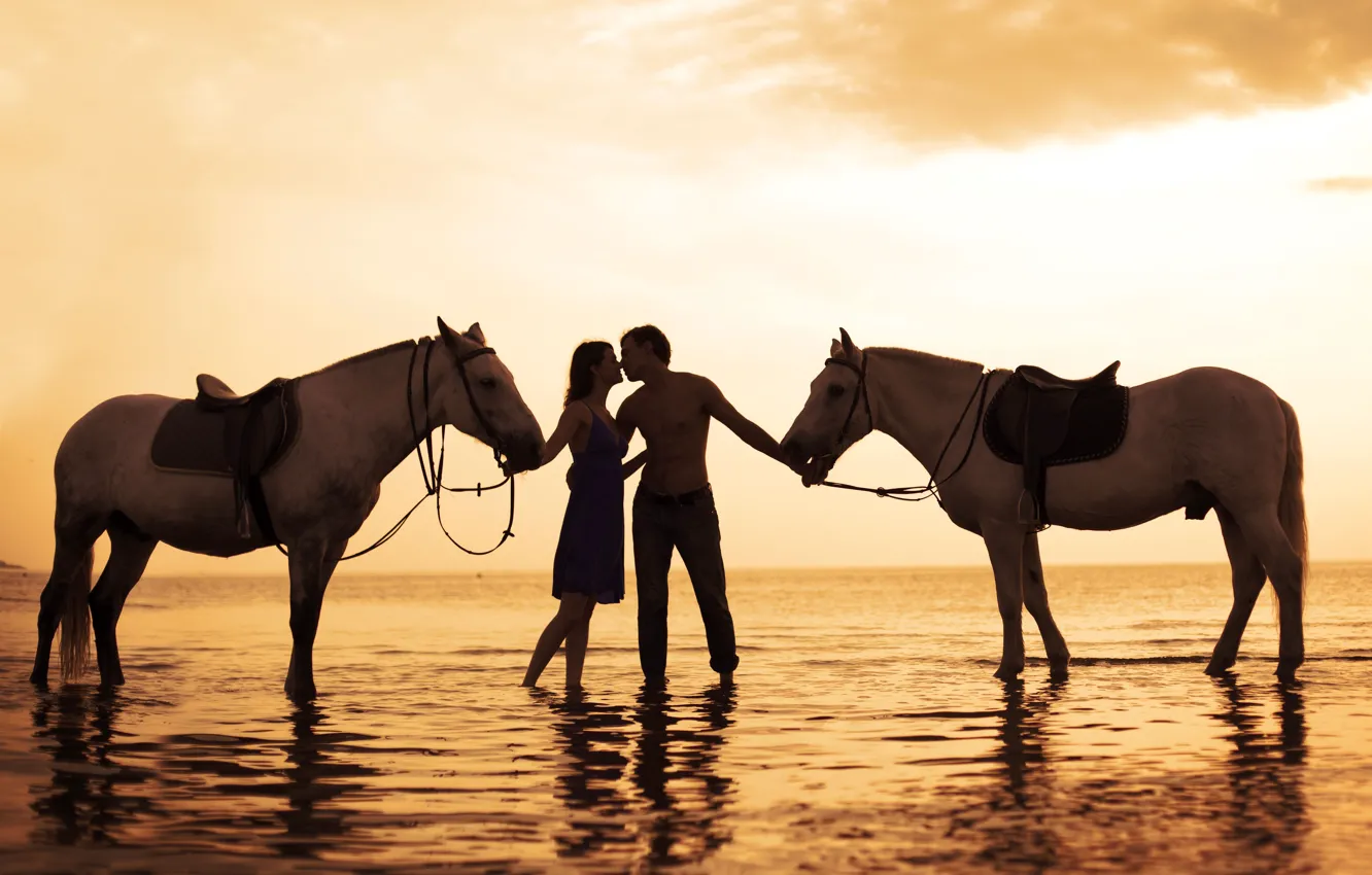 Photo wallpaper sea, girl, sunset, photo, horse, pair, love, guy