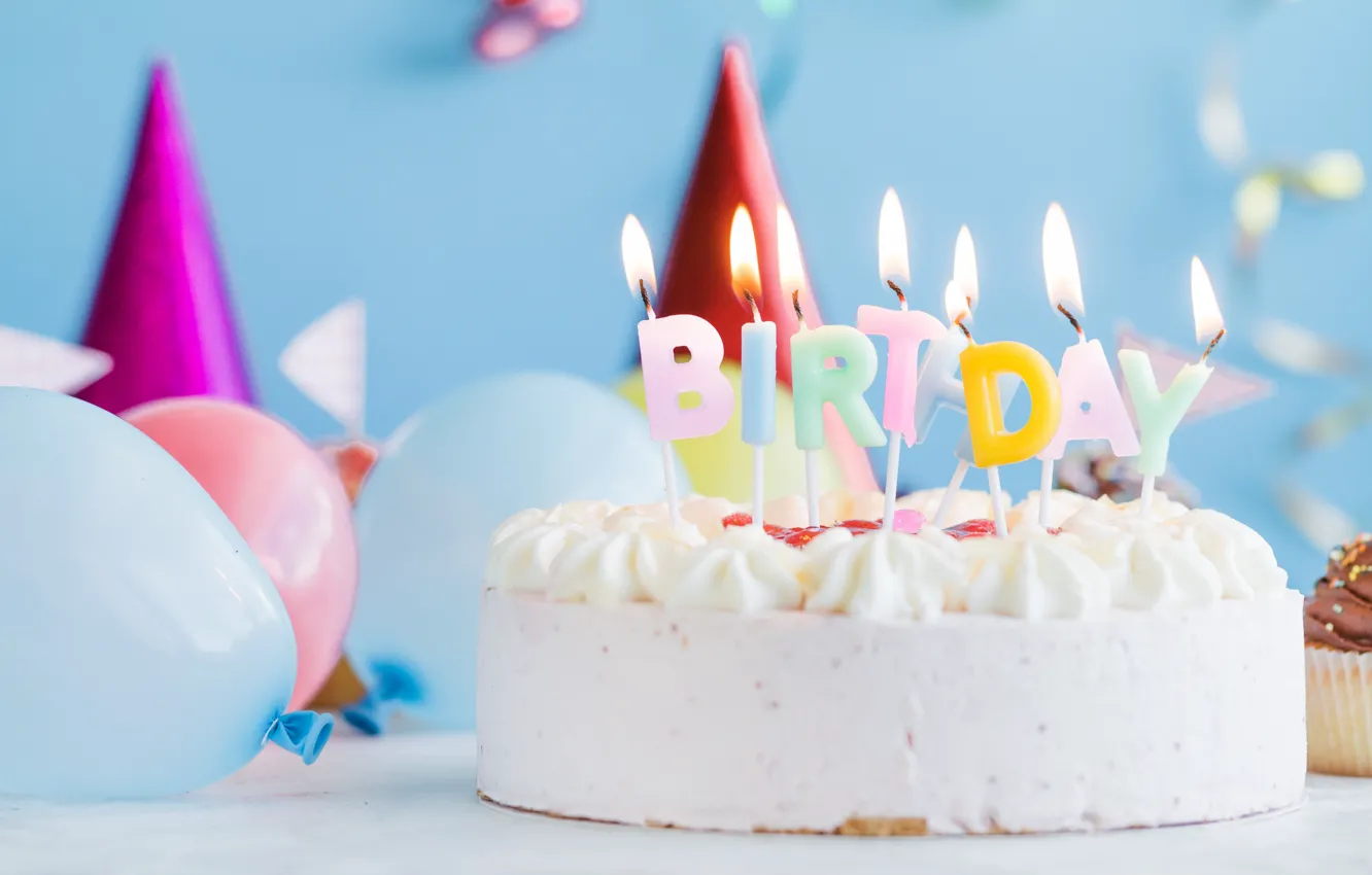 Photo wallpaper holiday, balls, candles, cake, birthday