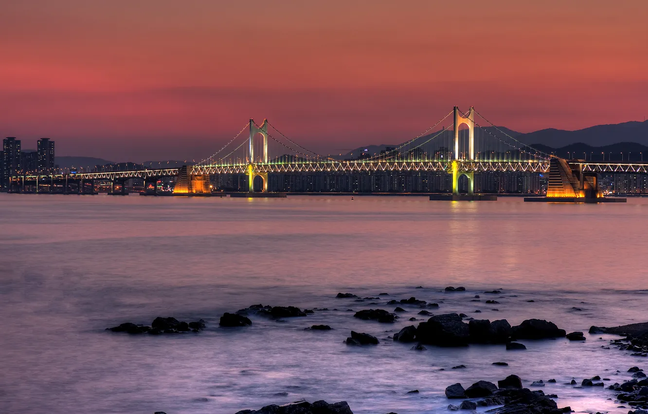 Photo wallpaper mountains, night, bridge, the city, lights, stones, home, support