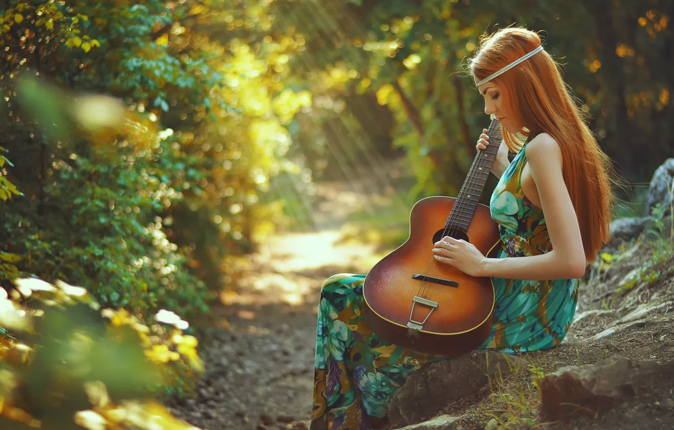 Photo wallpaper girl, guitar, redhead, Spring song