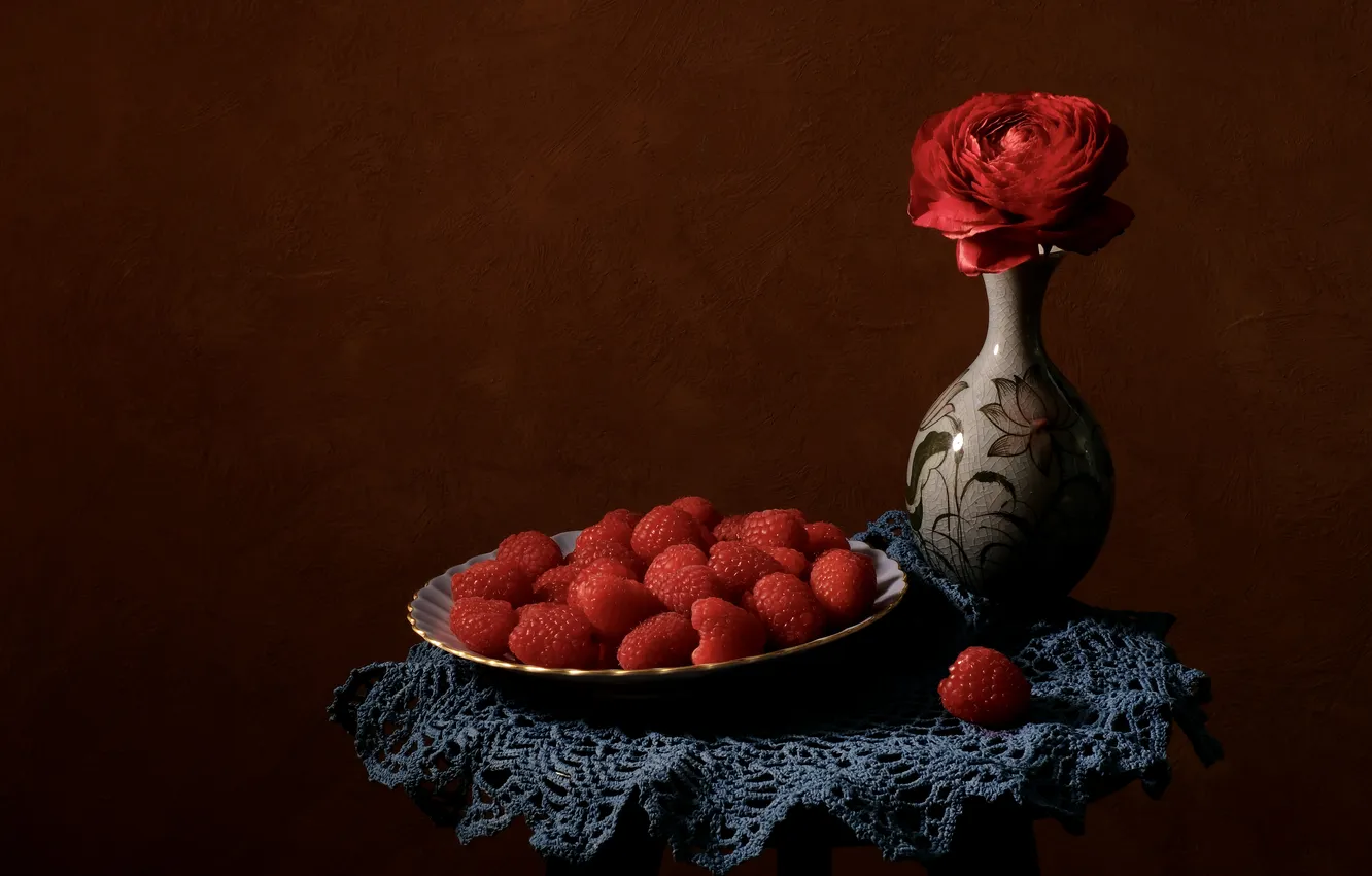 Photo wallpaper flowers, berries, raspberry, vase, still life, Svetlana Povarova Ree, Help yourself