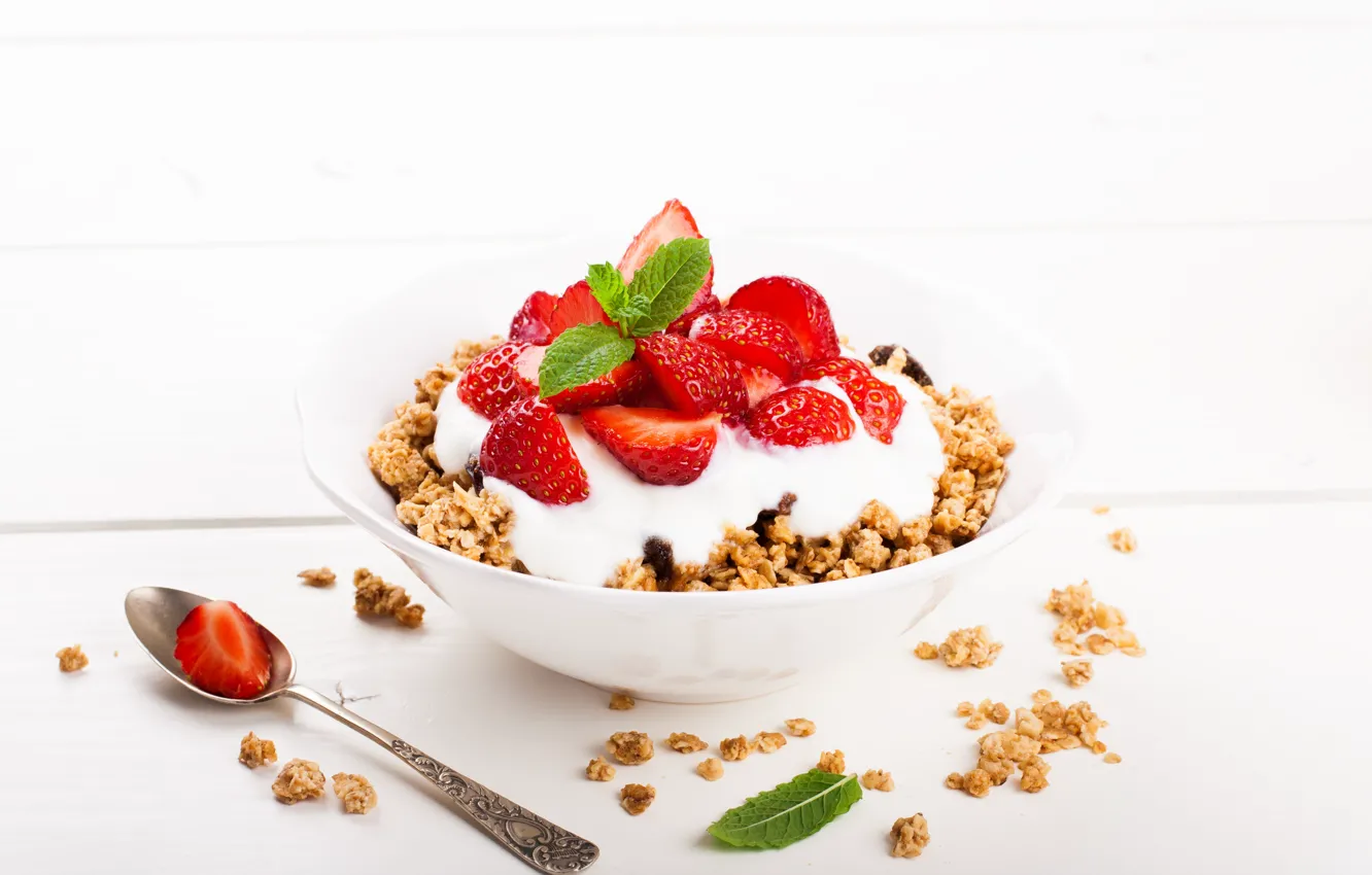 Photo wallpaper berries, Breakfast, strawberry, ripe, yogurt, granola