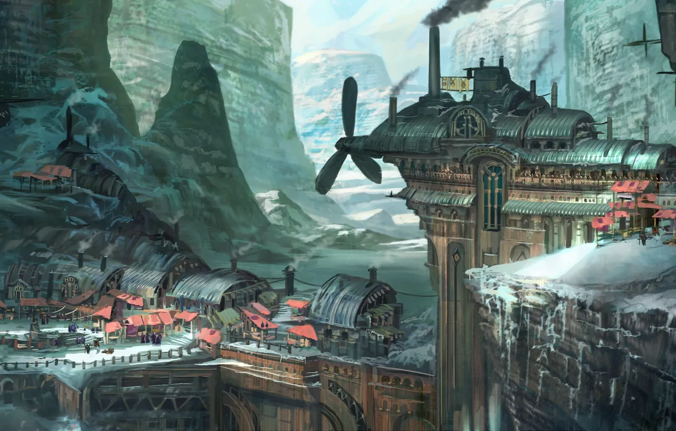 Photo wallpaper winter, snow, mountains, the city, fiction, art