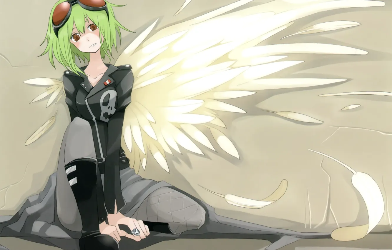 Photo wallpaper wings, feathers, glasses, jacket, vocaloid, green hair, art, rubber megpoid