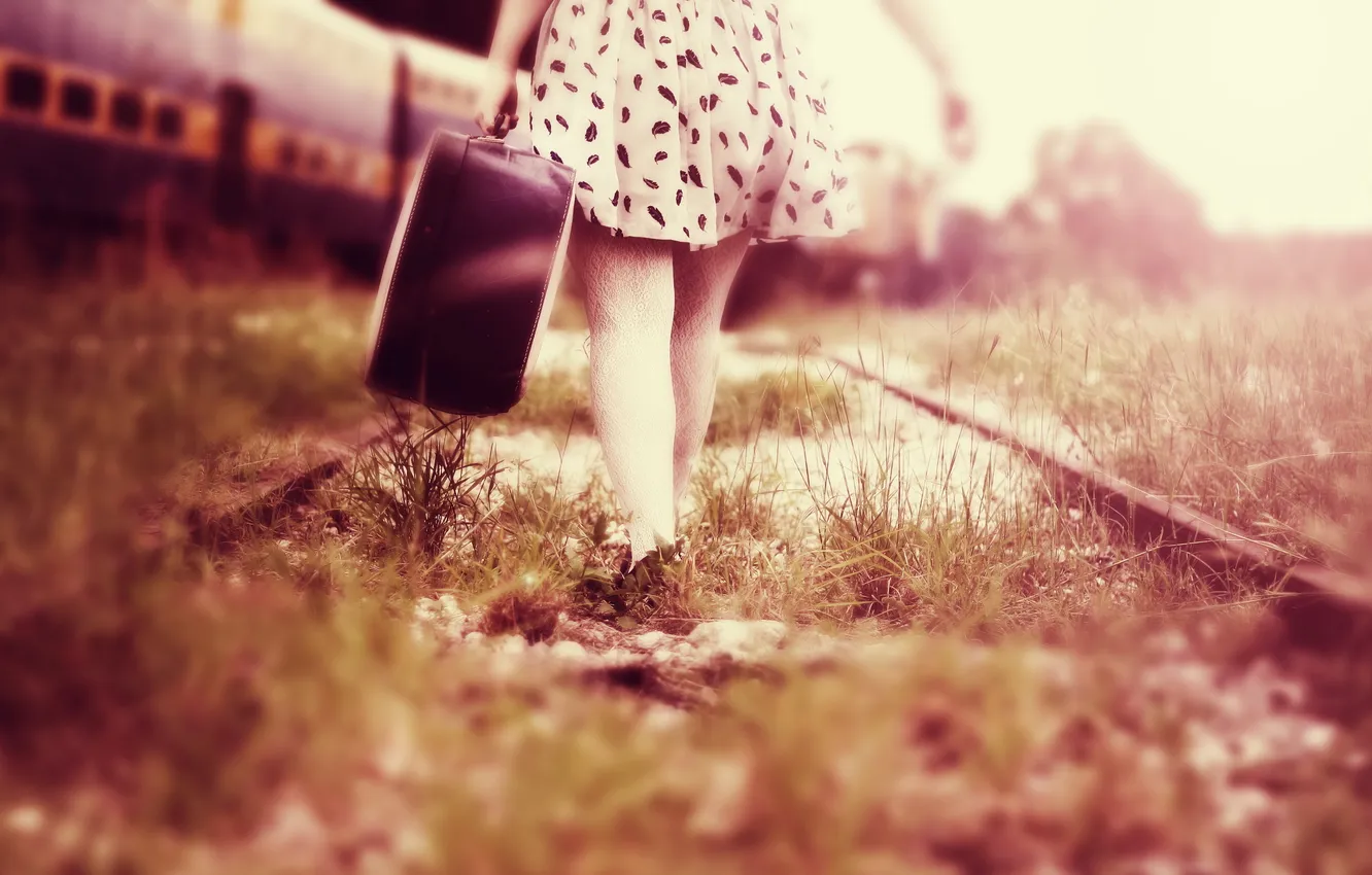 Photo wallpaper girl, feet, suitcase