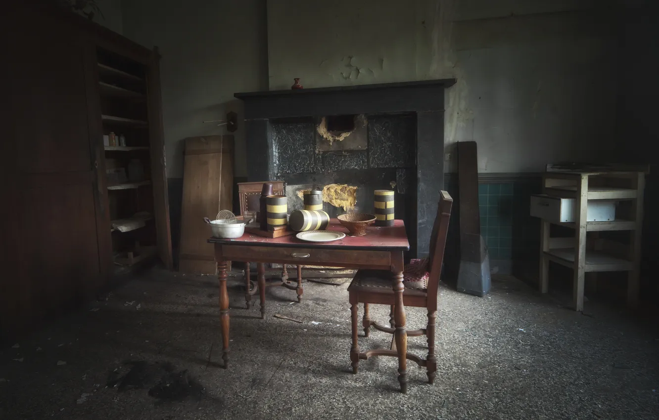 Photo wallpaper table, room, chair, fireplace