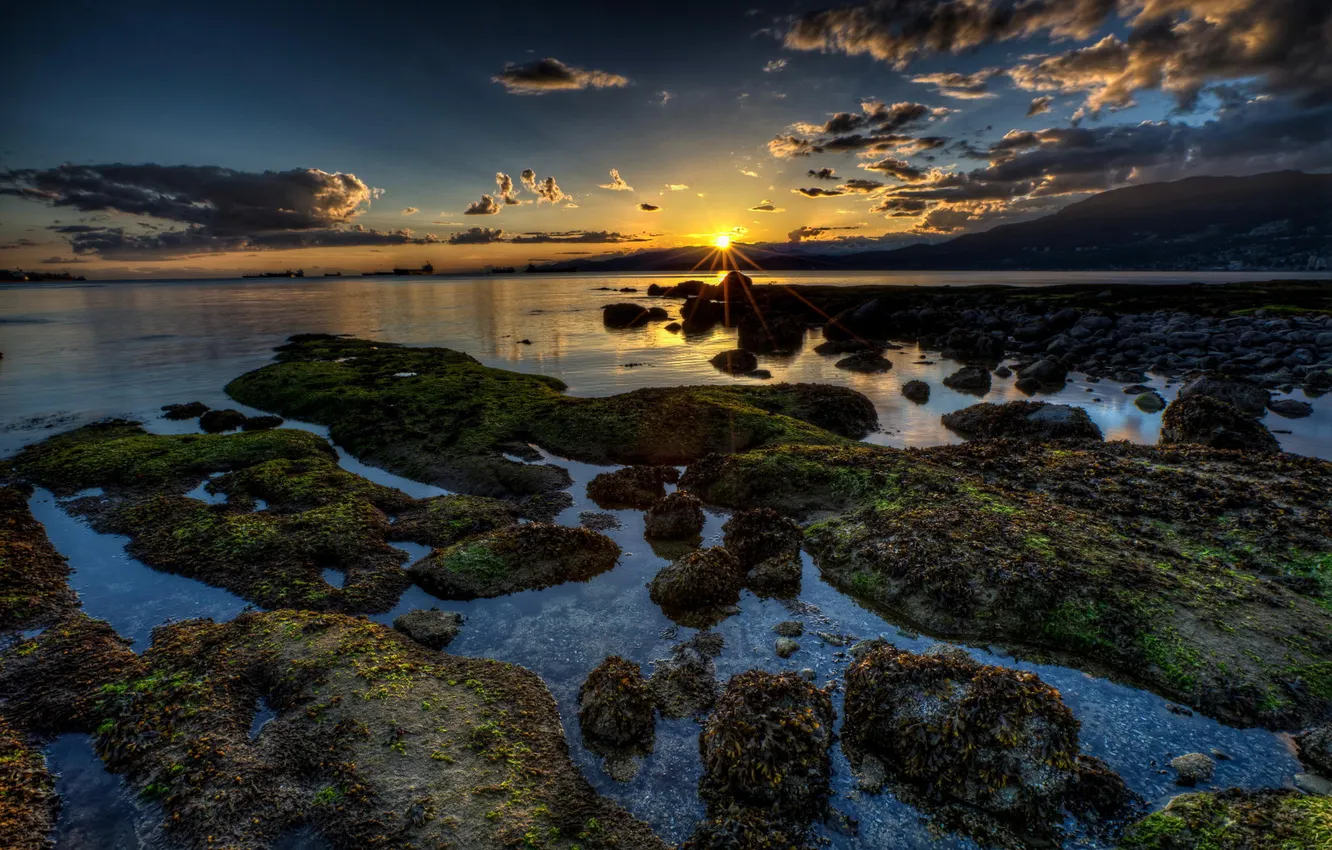 Photo wallpaper mountains, the ocean, dawn, coast