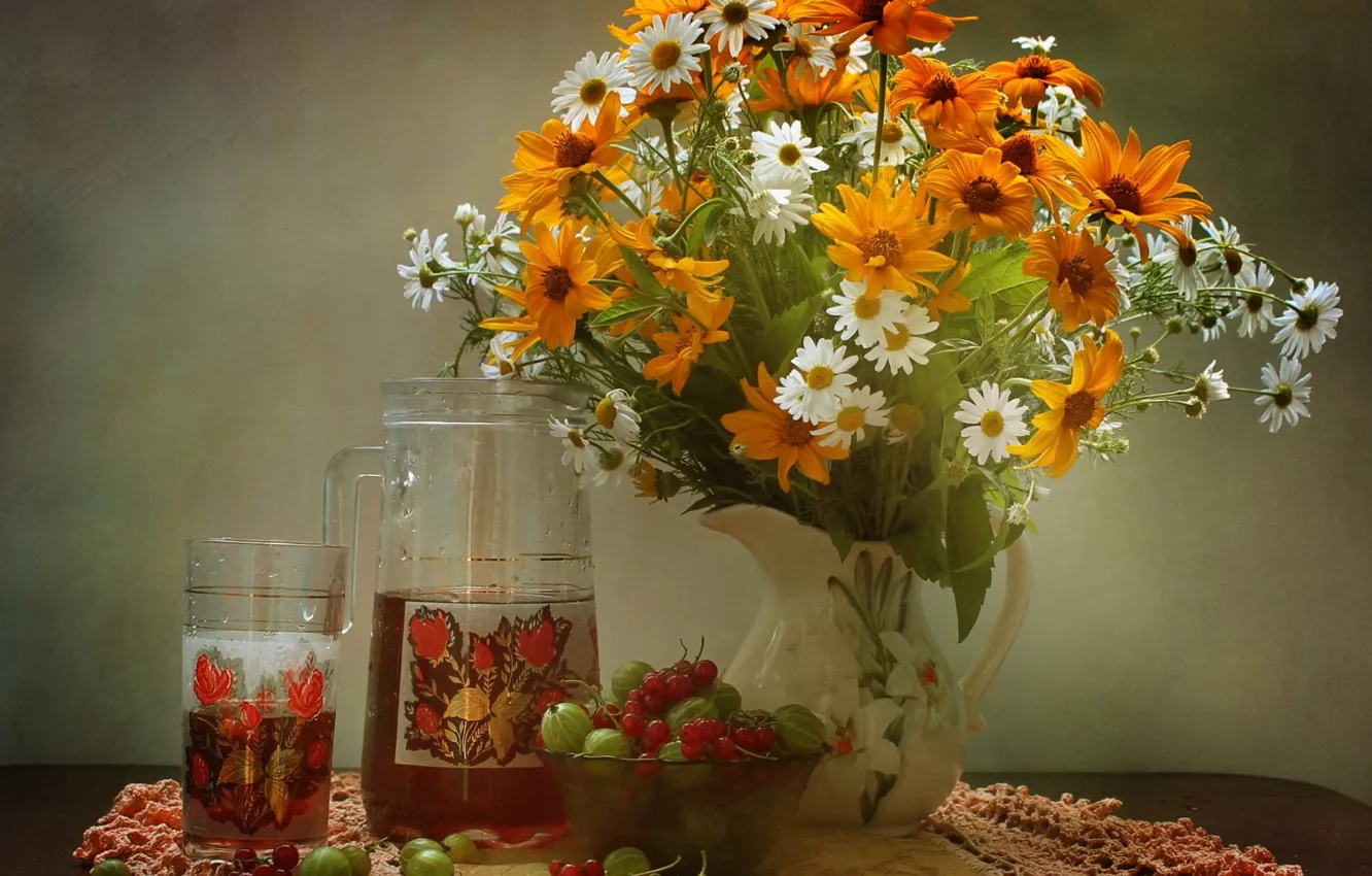 Photo wallpaper summer, bouquet, currants, gooseberry, compote