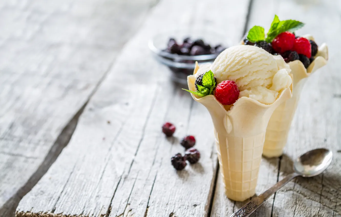 Photo wallpaper berries, raspberry, ice cream, mint, dessert, BlackBerry, vanilla, waffle cone