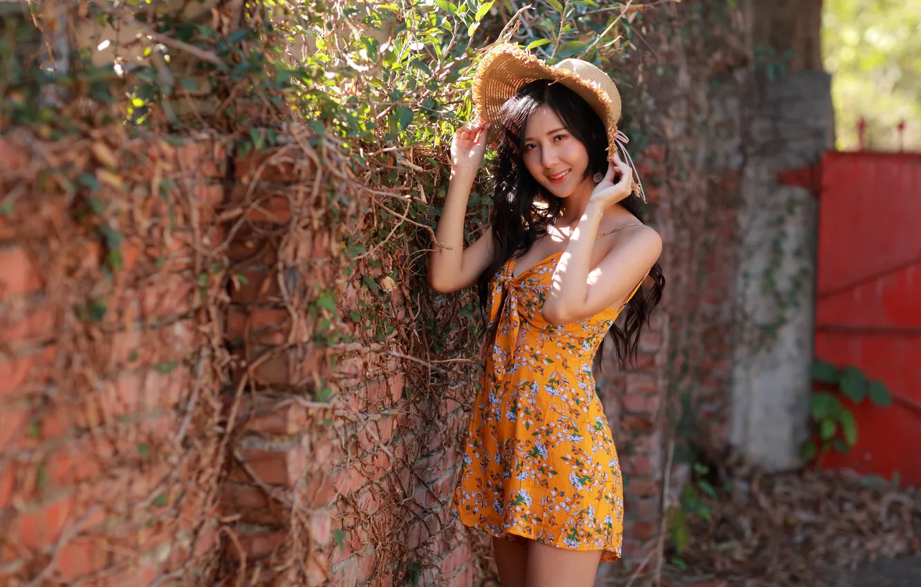 Photo wallpaper girl, smile, hat, dress, Asian