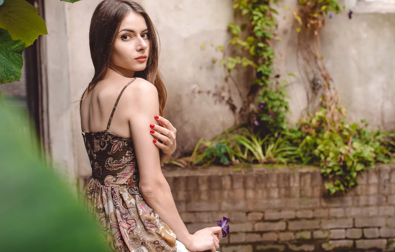 Photo wallpaper look, girl, flowers, pose, dress, Jose Sotelo