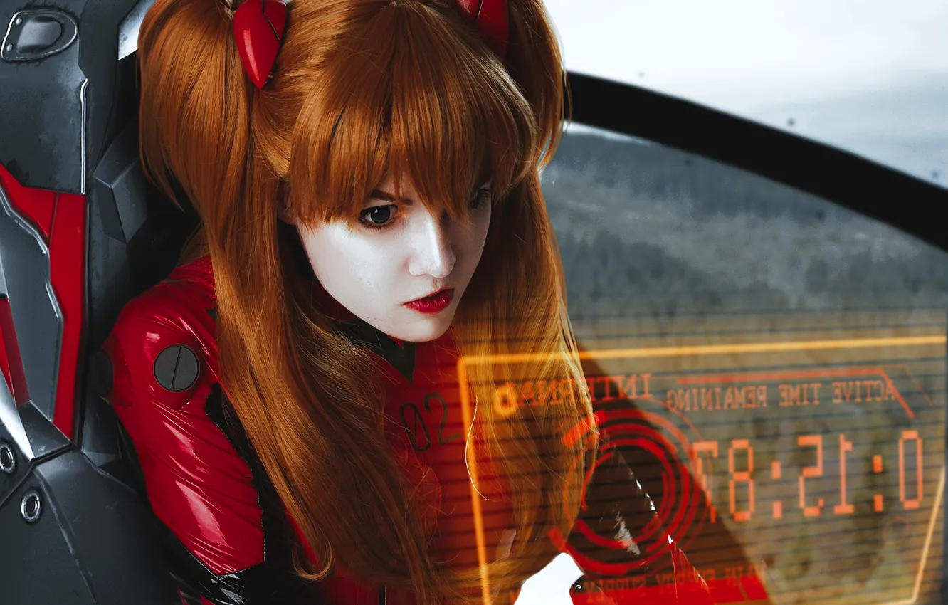 Photo wallpaper girl, face, costume, outfit, image, red, cosplay, hologram