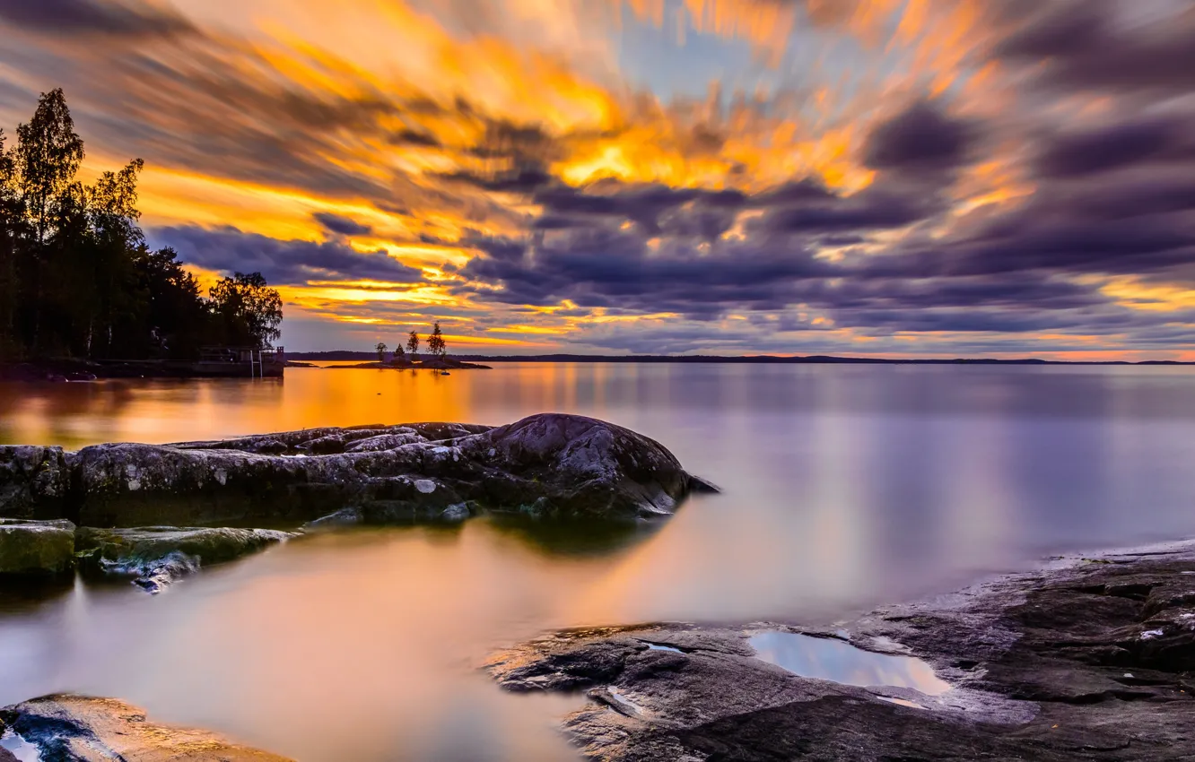 Photo wallpaper the sky, clouds, lake, shore, calm, Finland, Finland, Tampere