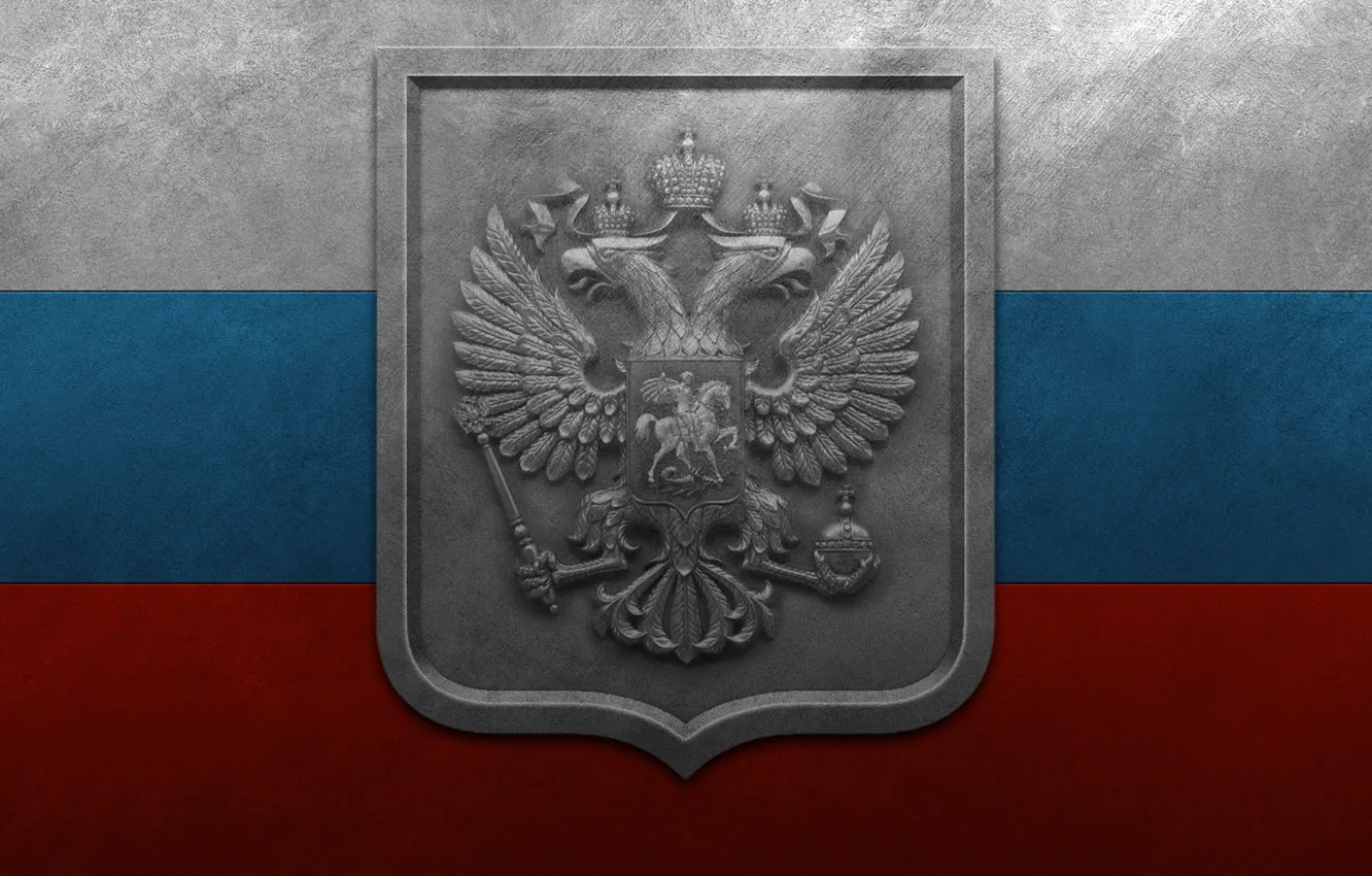 Photo wallpaper metal, tricolor, the flag of Russia, the coat of arms of Russia