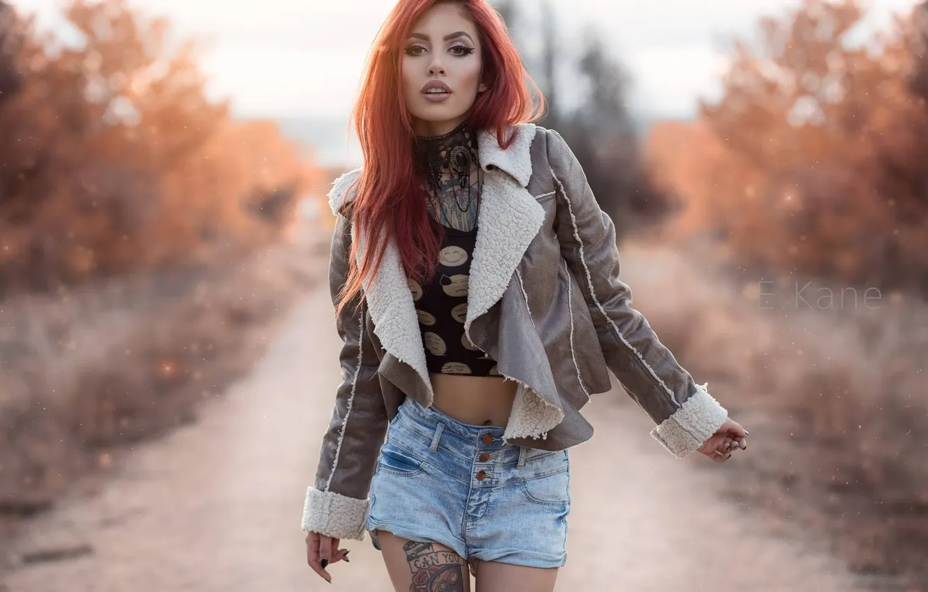 Photo wallpaper girl, shorts, beautiful, jeans, shirt, redheads