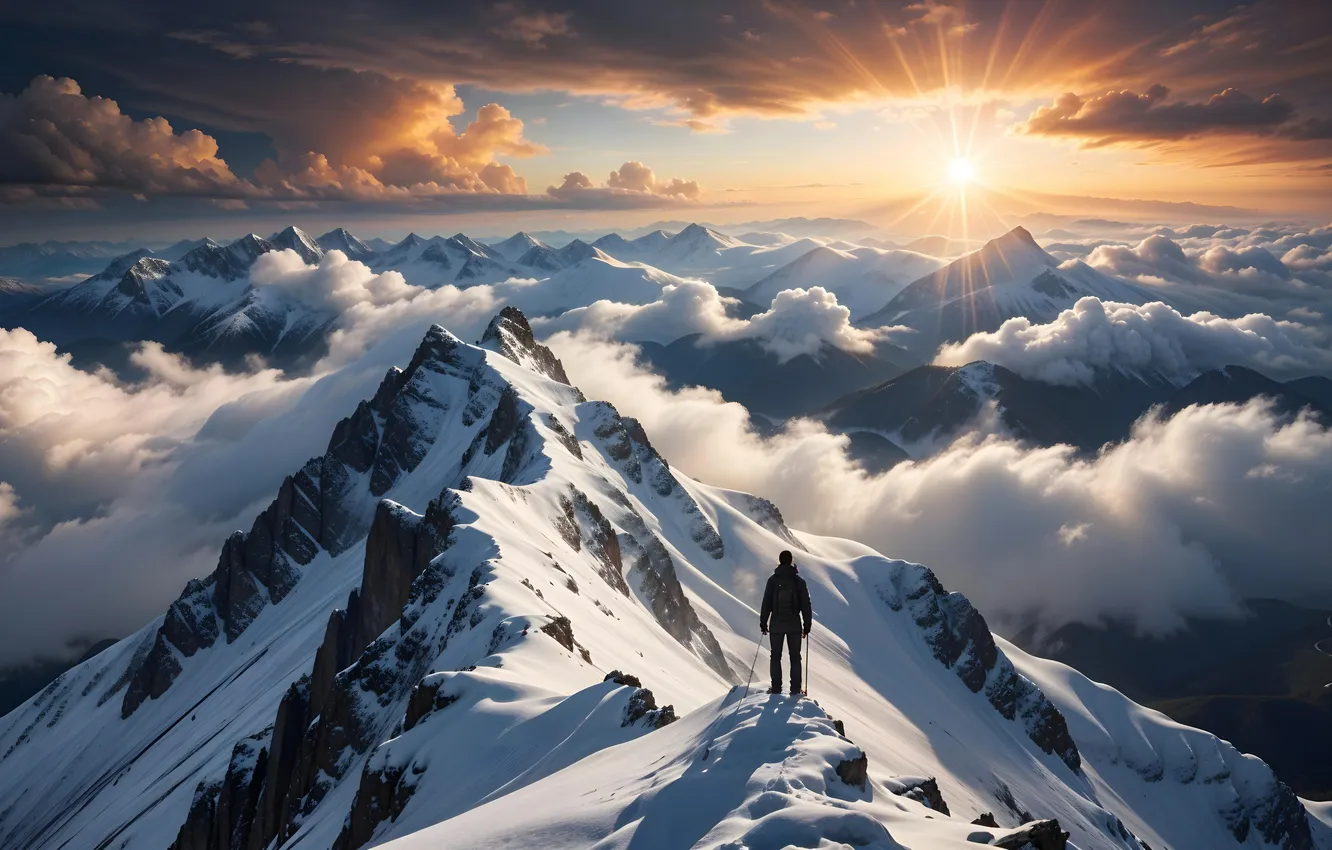 Photo wallpaper the sun, snow, mountains, tops, people, greatness