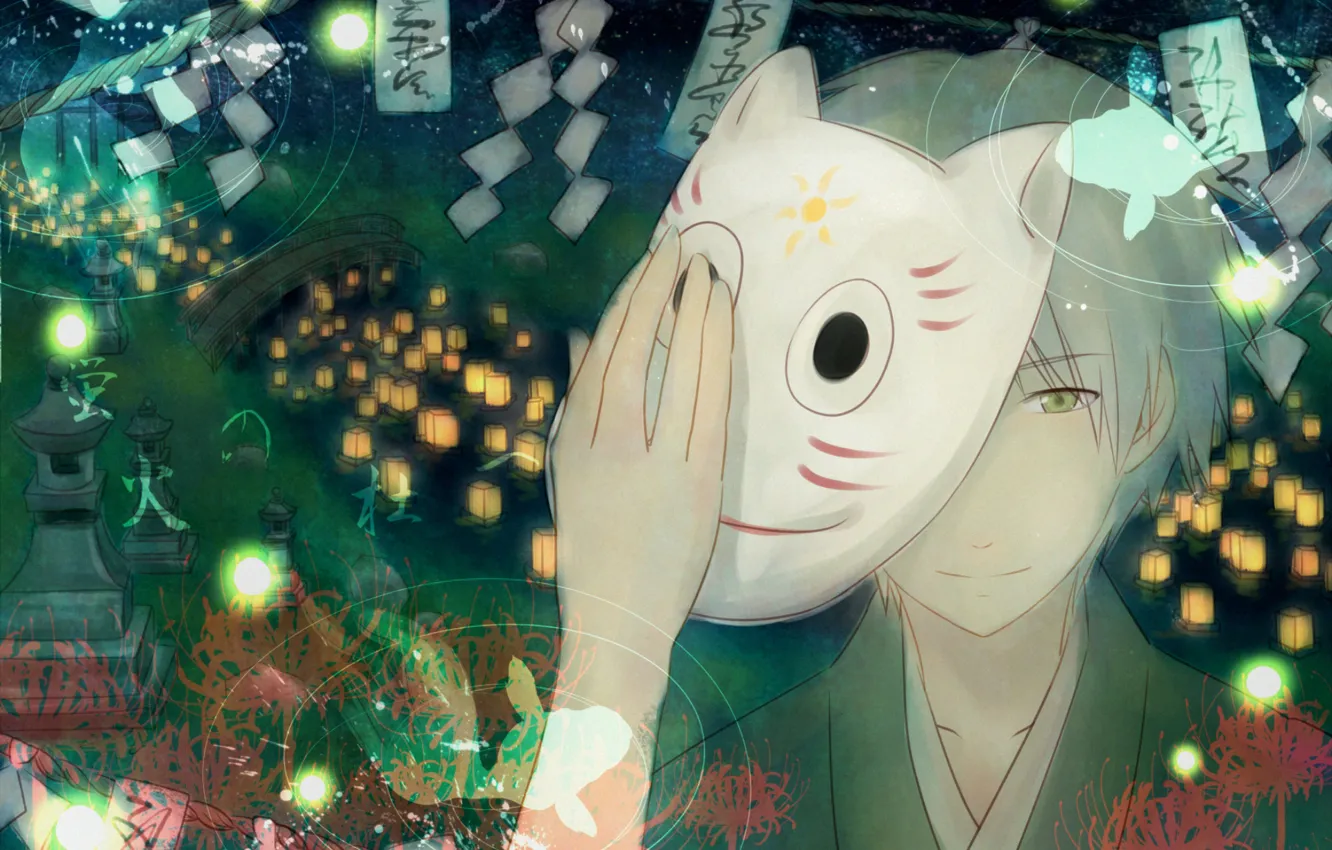 Photo wallpaper night, bridge, stream, mask, lights, Ghost, guy, kimono