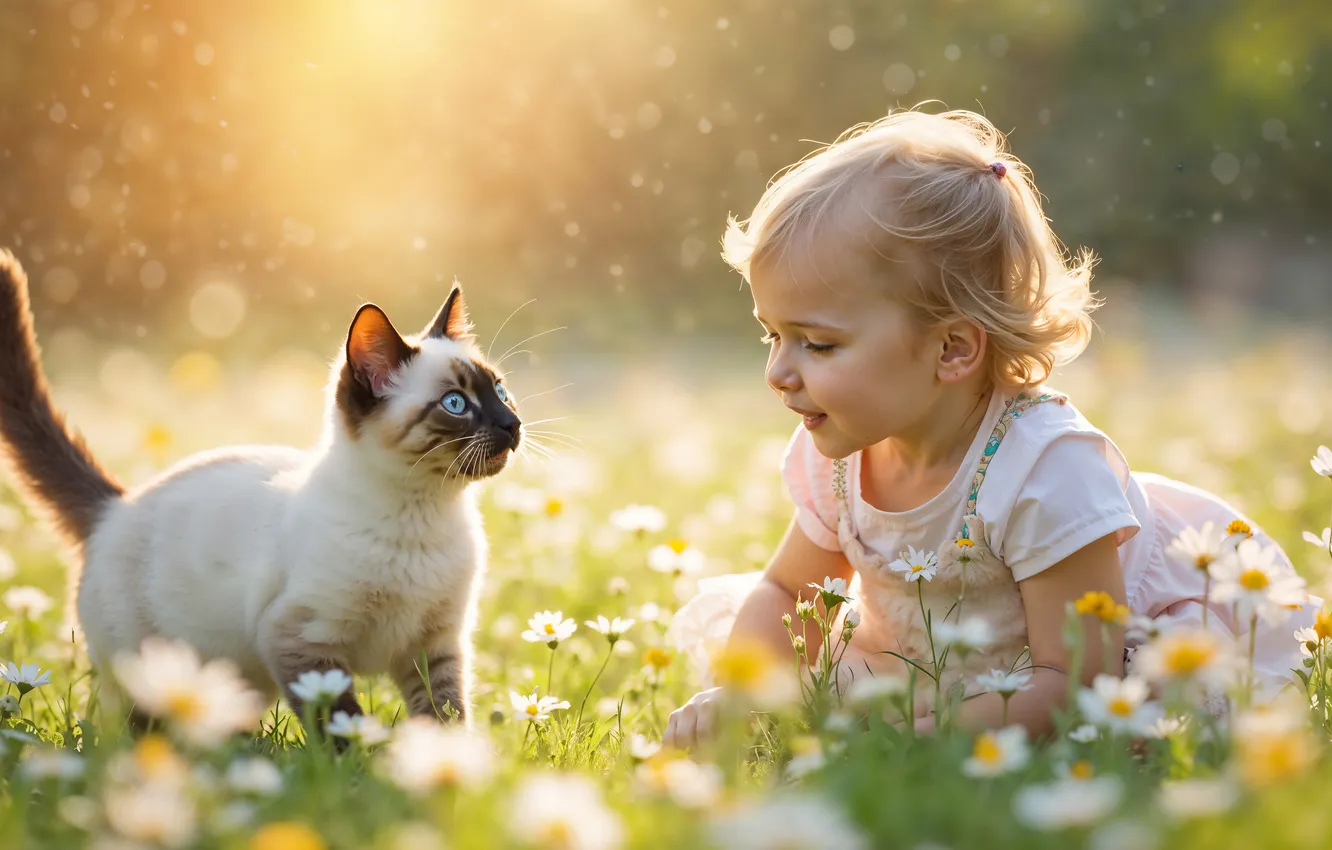 Photo wallpaper cat, summer, cat, the sun, rays, light, flowers, kitty