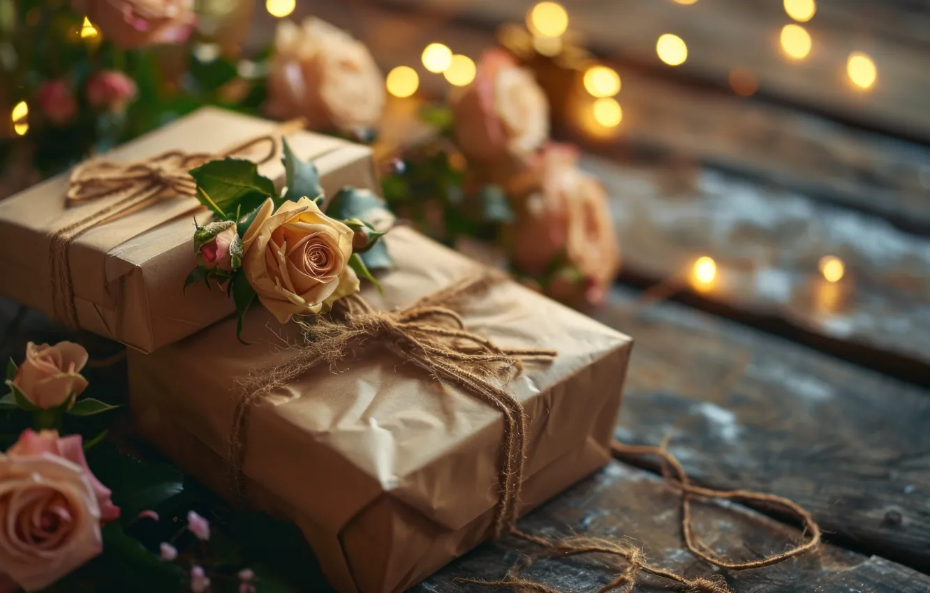 Photo wallpaper flowers, birthday, holiday, gift, roses, bouquet, candles, bow