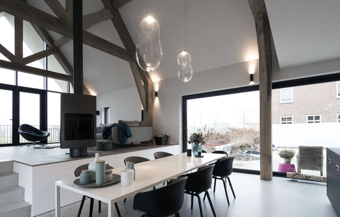 Photo wallpaper design, interior, fireplace, living room, dining room, by Architecten Studio-PLS, Longhouse