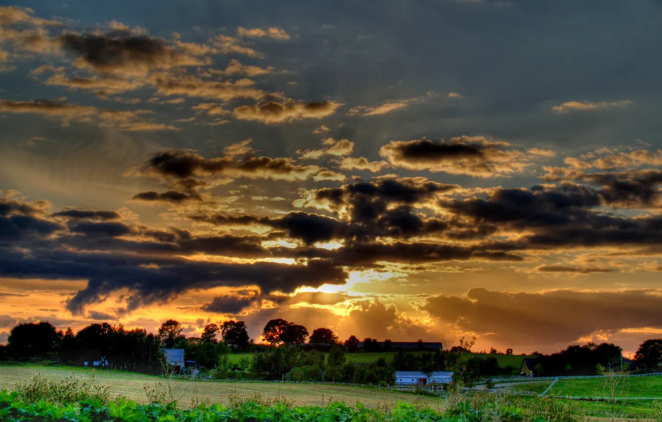 Photo wallpaper the sun, clouds, HDR, village