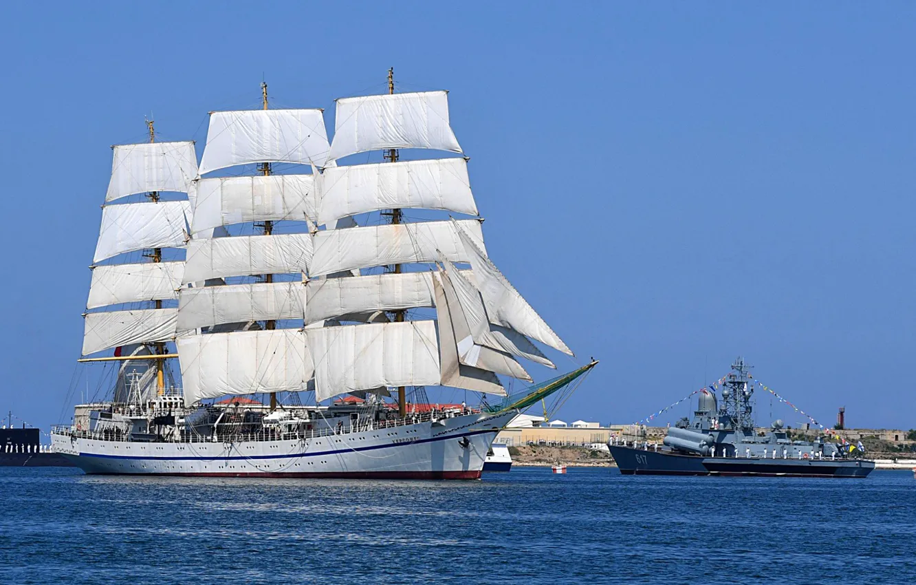 Photo wallpaper ship, sailboat, parade, frigate, rocket, Mirage, Sevastopol, training