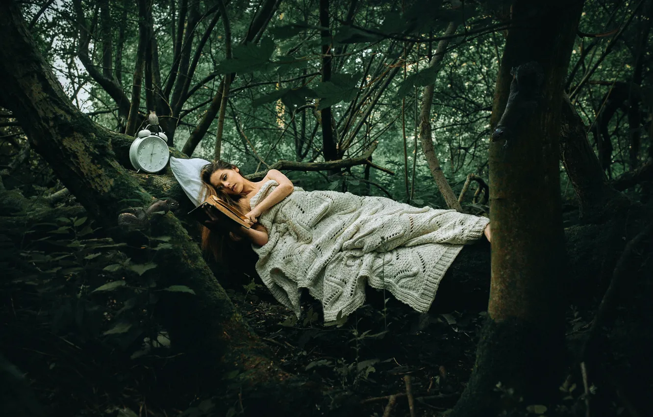 Photo wallpaper forest, girl, watch, book, Rosie Hardy, Another Story