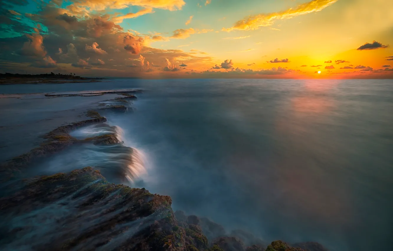 Photo wallpaper sea, the sky, the sun, clouds, sunset