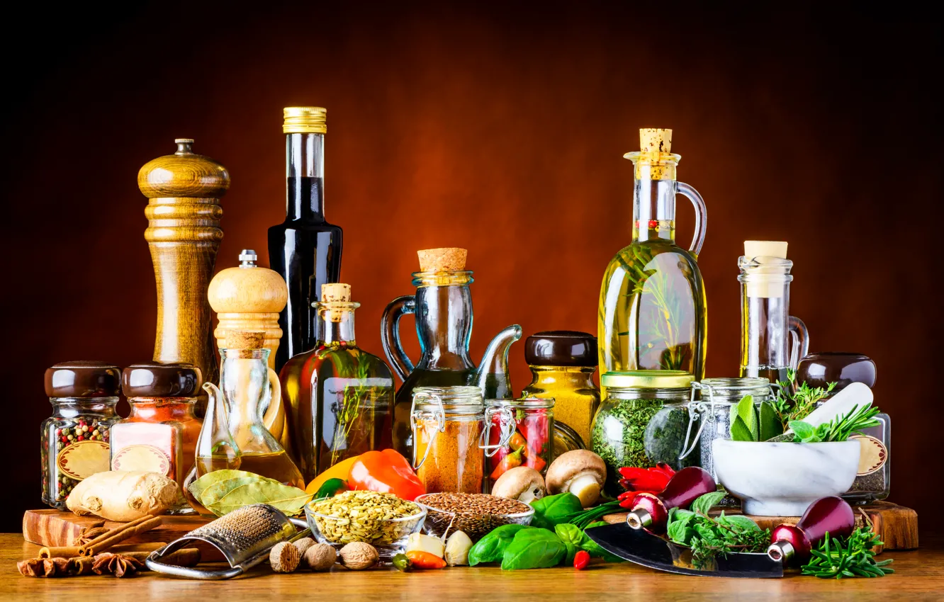 Photo wallpaper greens, mushrooms, oil, Bank, pepper, nuts, cinnamon, nuts