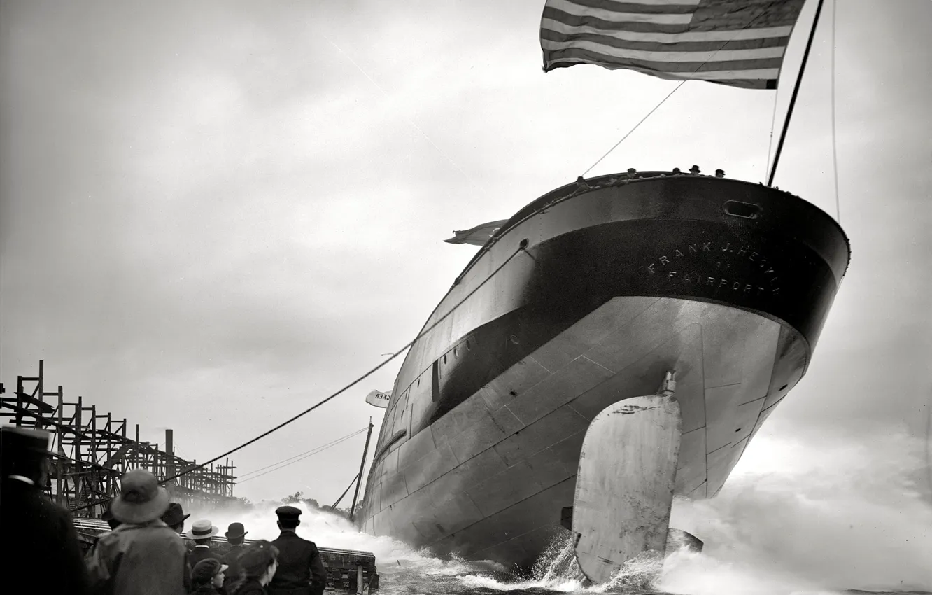 Photo wallpaper retro, ship, flag, USA, launching