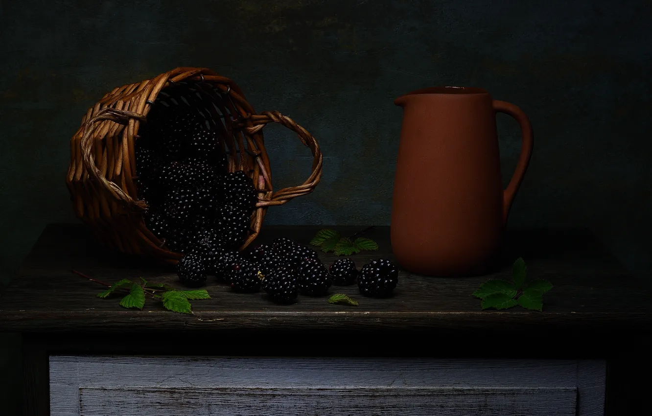 Photo wallpaper berries, the dark background, table, pitcher, still life, basket, BlackBerry