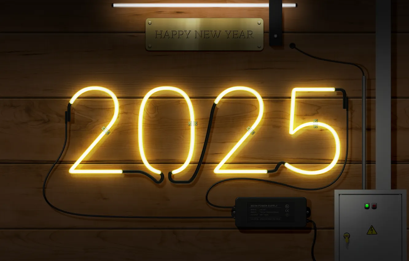 Photo wallpaper happy new year, New Year, neon sign, 2025 Year