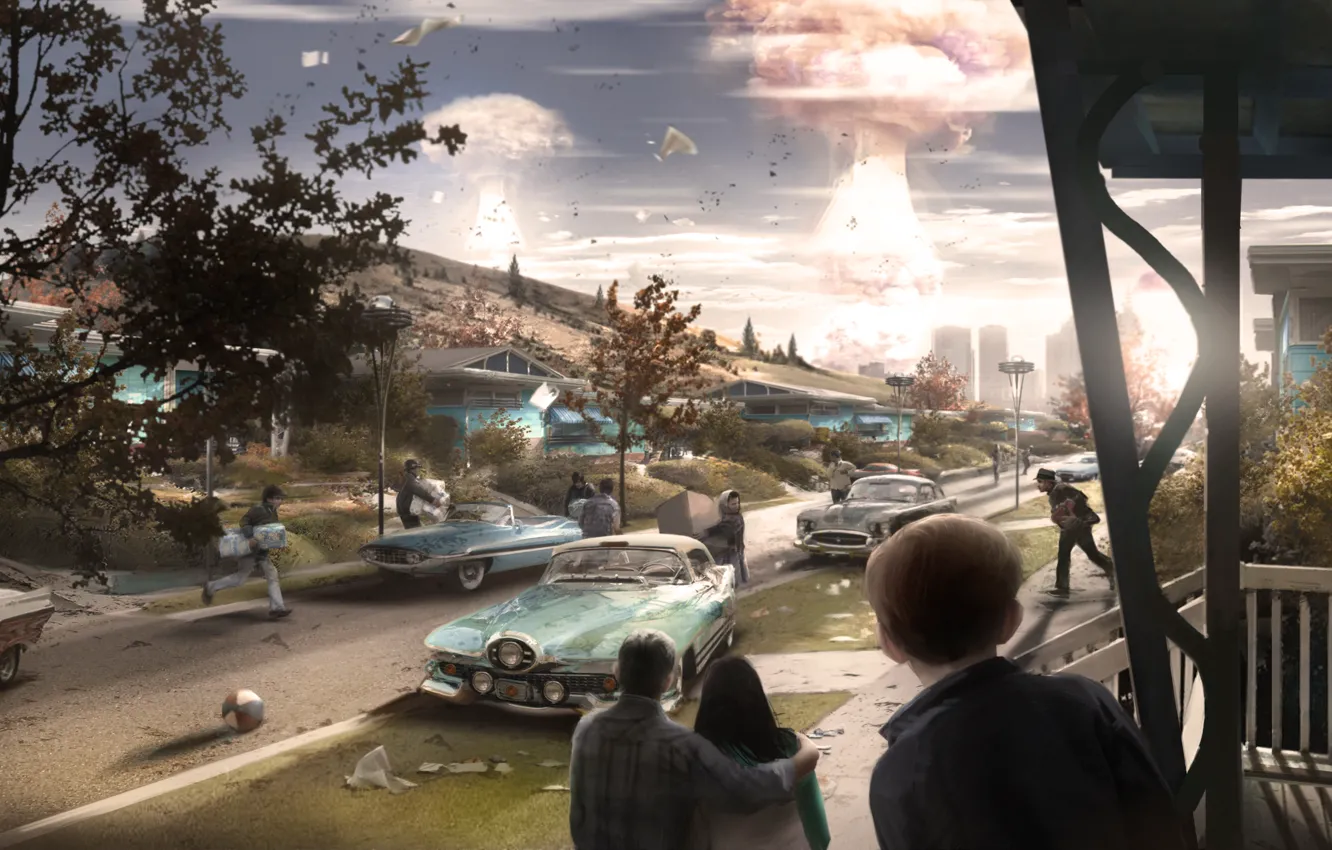 Photo wallpaper machine, the explosion, the city, people, street, home, concept, atomic explosion