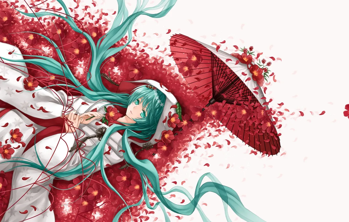 Photo wallpaper girl, flowers, Mac, umbrella, anime, petals, art, hood