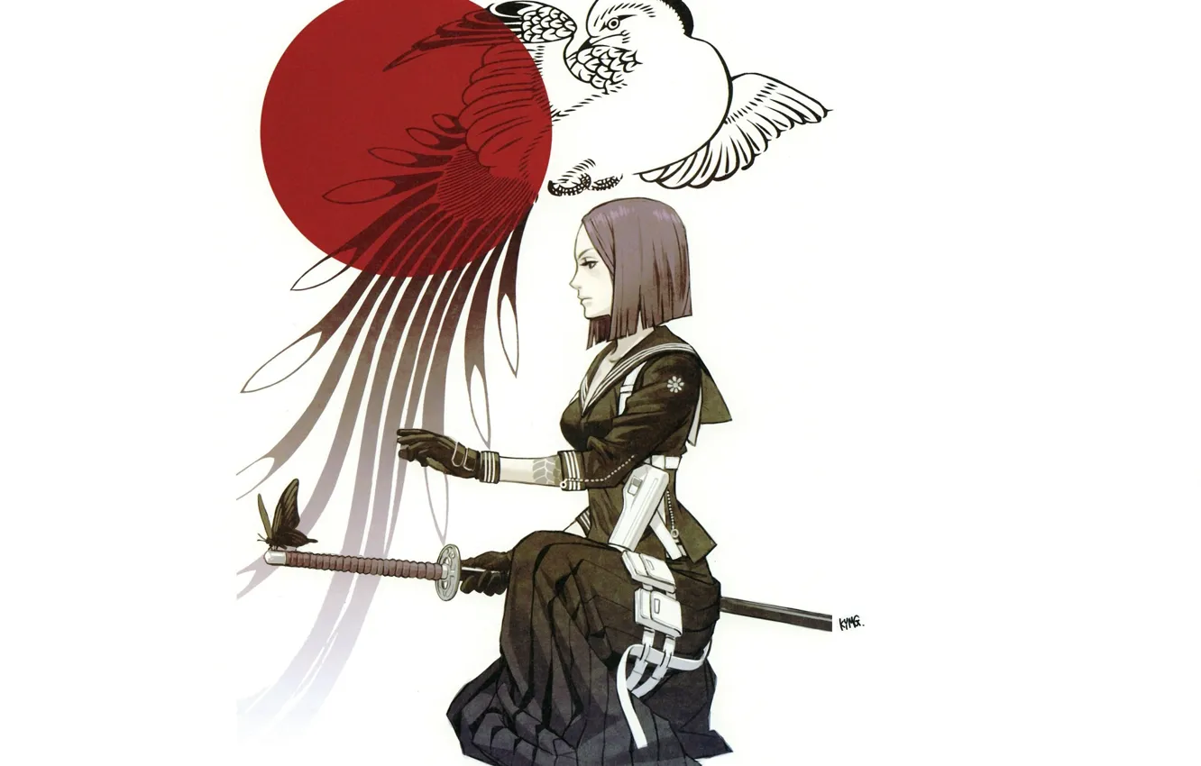 Photo wallpaper butterfly, haircut, katana, white background, Japan, emblem, bird, the hilt of the sword