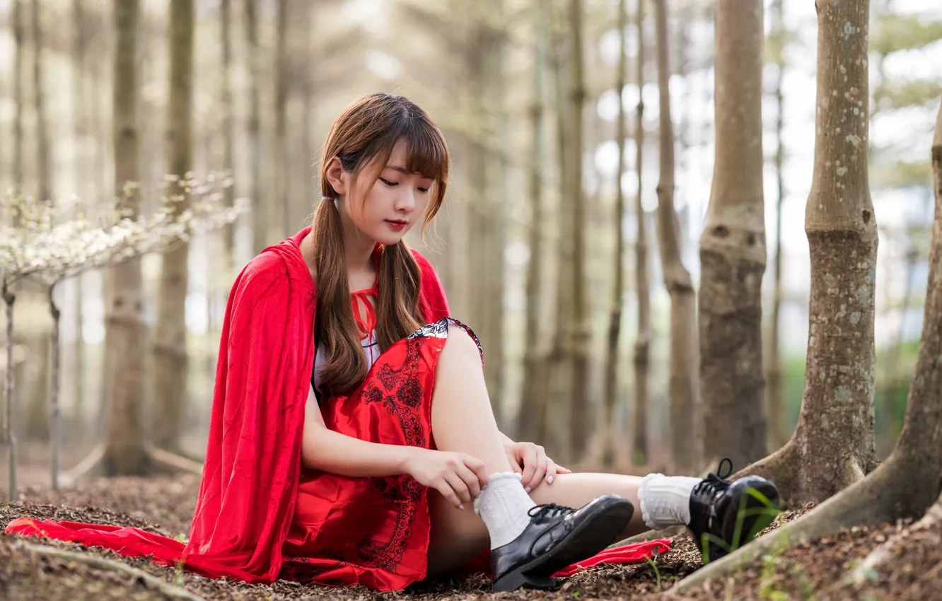 Photo wallpaper trees, trees, beautiful girl, beautiful girl, red Cape, cute Asian girl, cute asian, red cape